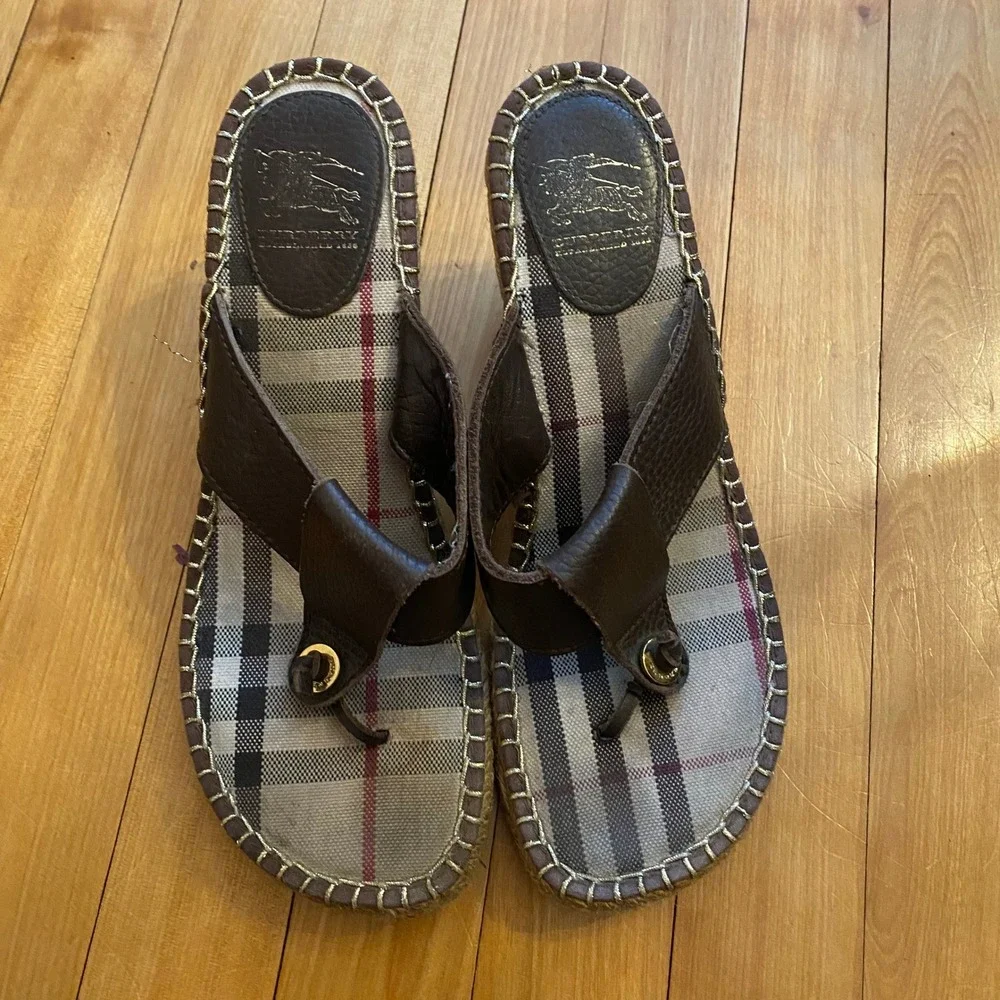 Burberry Women's Nova‎ Check Espadrille Wedge Sandals Brown Leather Size 40